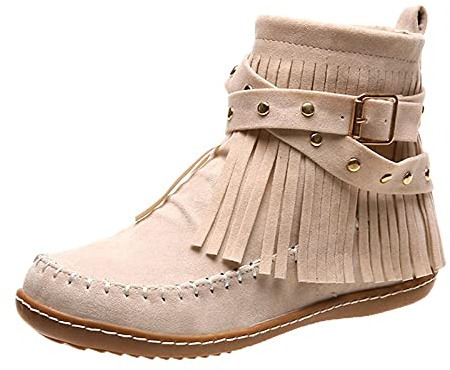 Botas vaqueras planas para mujer, botas de tobillo de ante con flecos, estilo retro, para otoño e invierno, media altura, sin cordones, con cremallera, puntera redonda, color sólido, cómodo, casual
