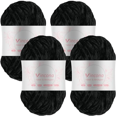 Vincona 4 x 100g Chenille Wolle zum Häkeln - Kuschelig und hautfreundlich,Garn zum Stricken und Häkeln - 100% Polyester – 4 x 120 m – Nadelstärke 5-6 Schwarz