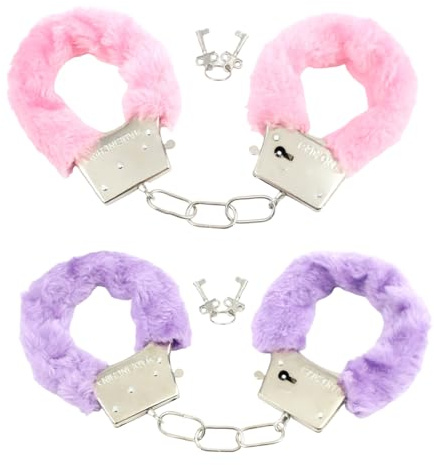 ZYOMVUN Manette di Metallo con Chiavi, 2 Pezzi, Manette in Peluche per Giochi di Ruolo della Polizia, per Costume, Festa a Tema, Gioco per Adulti, per Props Foto, rosa, viola