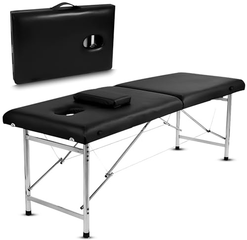 Fitby Mesa de masaje plegable profesional Maya de 2 planos, ligera y ergonómica con asa integrada, revestimiento de piel sintética, comodidad óptima (aluminio, negro)