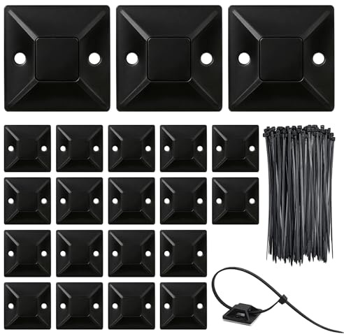 100 Pezzi Supporti Autoadesivi Neri per Fascette con 100 Fascette, Basi Fermacavi Adesive Extra Forte per Cable Management PC, Gaming Setup e TV, 18x18mm, Nero