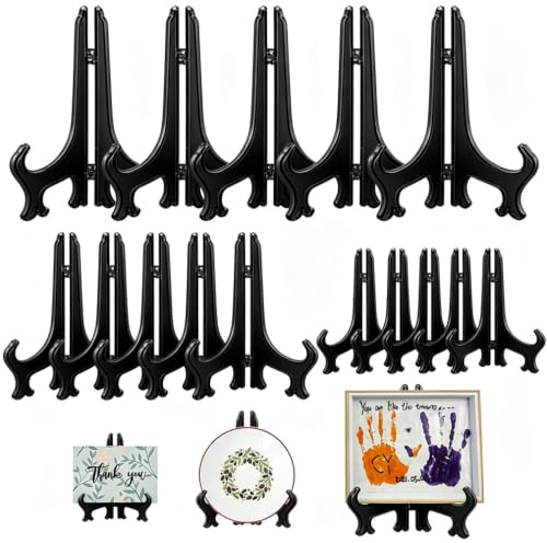 ruitao 15Pack Clear Plastic Easels or Stand / Plate Holders to Display Pictures or Other Items, 3'', 5''and 7'' Folding Plate Holder at Weddings, Home Decoration, Birthdays, Tables (black)