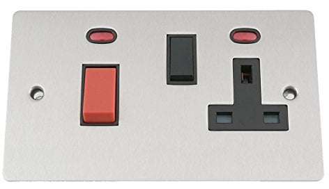 Cooker Control Unit 2 Neon Indicators - Satin Matt Chrome Flat - Black Insert - 45A Switch with 13A Socket