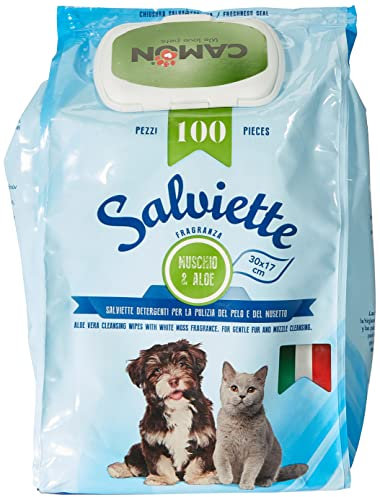 Camon Lingettes nettoyantes pour Le Nettoyage des Cheveux, Parfum Mousse et Aloe – 30 x 17 cm – 100 pièces pour Chiens et Chats