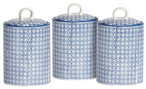 Nicola Spring Patterned Kitchen Canisters - 15.5cm - Pack of 3 - Navy Porcelain Hand Printed Kitchen Storage Jar Airtight Biscuit Barrel for Biscuits, Oats, Tea, Coffee