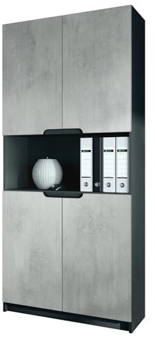 Vladon Büroschrank Logan V2, Made in Germany, Aktenschrank mit 5 Fächern und 4 Türen, Schwarz matt/Beton Oxid Optik (82 x 184 x 37 cm)