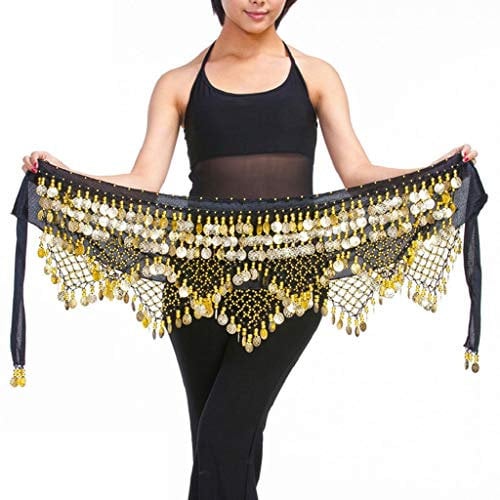 Wuchieal Damen Profi Zumba Rock Bauchtanz Hüfttuch mit Münzen Gürtel Röcke (Schwarz, OneSize)