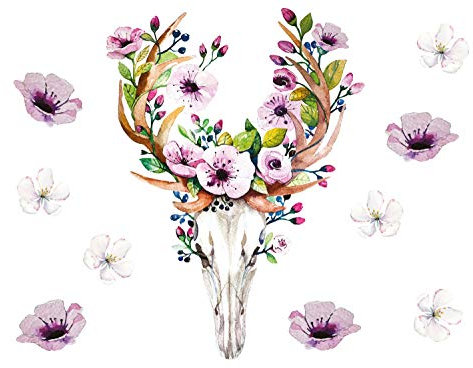 GRAZDesign Wandtattoo Wohnzimmer Hirschgeweih mit Blumen Boho Chic - Wandsticker Florales Aquarell Totenkopf Schädel - Wandaufkleber modern böhmische Deko Set 57x80cm