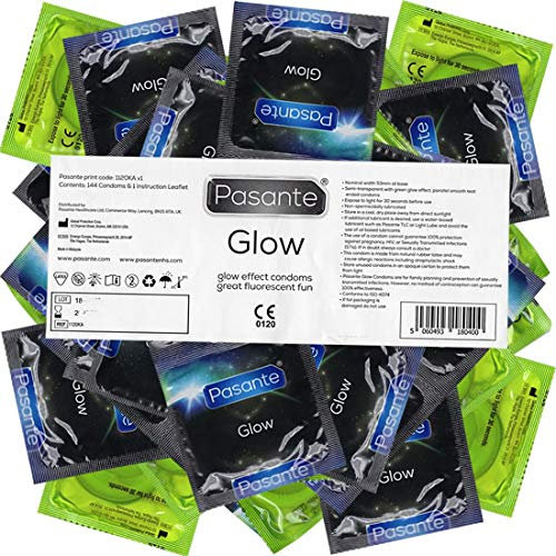 Pasante GLOW 144 Leuchtkondome, fluoreszierend, leuchten im Dunkeln, Vorratspackung