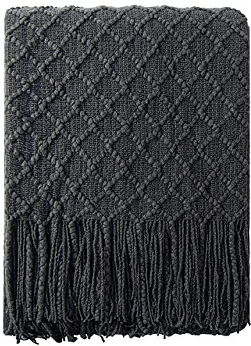 NTBAY Acrylic Knitted Throw Blanket, Lightweight and Soft Cozy Decorative Woven Blanket with 18 cm Tassels for Travel, Couch, Bed, Sofa, 130x170 cm, Dark Grey Grid