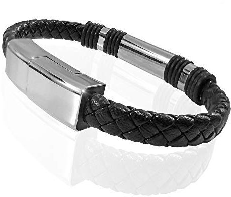 Bracciale USB | cavo di ricarica in pelle intrecciata | braccialetto di ricarica USB trasmissione dati disponibile con tre tipi di connettori | Idea Regalo Tecnologico (16,5cm I Phone)