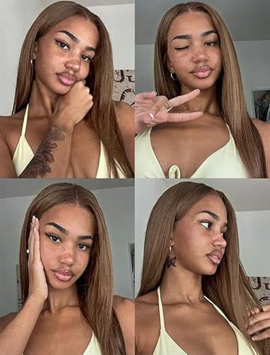 VEBONNY Braune Perücken für Frauen, Kunsthaar Kleberfreie Schwarz Ombre Braune Lace Front Perücke, Natürlich Gerade Tägliche Weiche Lace Perücken mit Mittelscheitel 22 Zoll VEBONNY-084