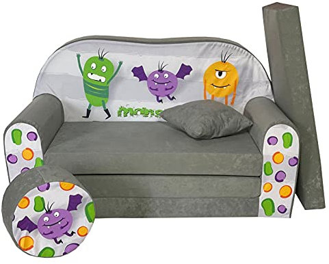 FORTISLINE - Kindersofa ausklappbar 100x60x50 cm - Kindersofa für Kinder 2in1 - Kindercouch ausklappbar - 2-Sitzer - Schlafcouch aus Schaumstoff + Hocker + Kissen - Viele Motive