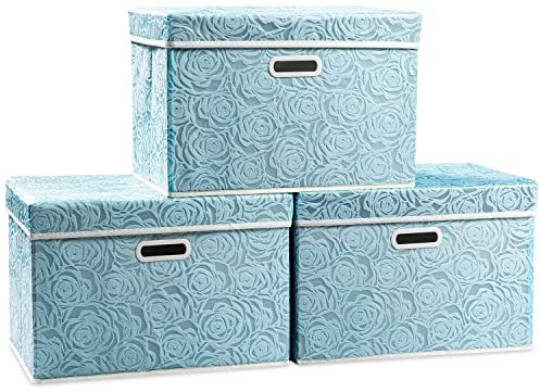 Prandom Large Storage Boxes with Lids,Blue-43x30x30cm,Foldable,3-Pack | Stackable,With handle,Rose patterned fabric,Decorative Cube Box,Clothing storage,Really Useful Box,bedroom wardrobe