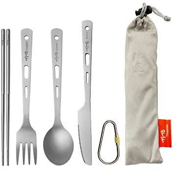 TiTo Titanium Cutlery Set Spoon Spork Knife Chopsticks Portable Lightweight Outdoor Flatware Extra Strong 3/4/5 Piece Straw for Home Use/Travel/Camping/Picnic/Hiking Tableware (4-Piece Cutlery Set)