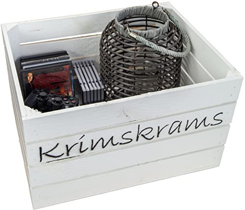 Holzkiste mit Aufschrift Krimskrams/Tüdelkram Aufbewahrungskiste Obstkiste Weinkiste - kiste - Korb - Ablagekiste (weiss, 50x40x29cm Krimskrams)