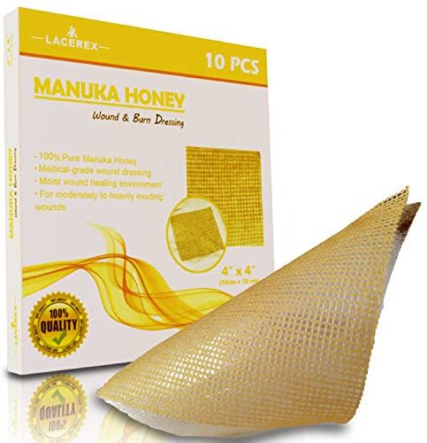 AWD Manuka-Honiggaze-Verband – 100 % imprägnierte medizinische Honigpflaster – Medizinbedarf, Wundpflege und Erste Hilfe – Gaze-Pads 10,2 x 10,2 cm, 10 Stück
