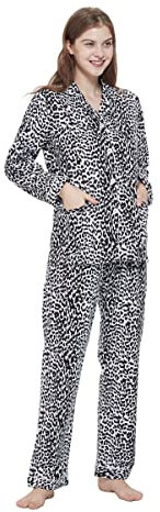 Amaxer Pyjama Femme Hiver Chaud 100% Flanelle Ensembles de Pyjama Cotton Chemise de Nuit Longue| Léopard Noir et Rose, XL