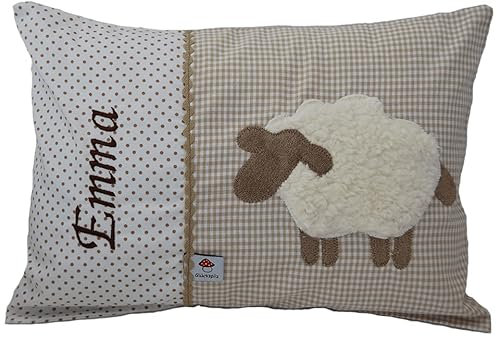 Glückspilz Namenskissen personalisiert, Babykissen mit Namen Bestickt, Schaf, Beige, 25 x 35 cm
