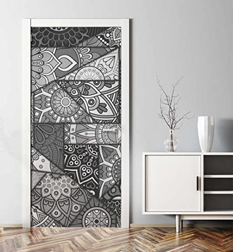 MyMaxxi - Tür bekleben mit Türtapete Türposter Türfolie Selbstklebend 90x200 Buntglasfenster schwarz weiß - Tür verschönern Türaufkleber Türklebefolie Abstrakt Muster grau