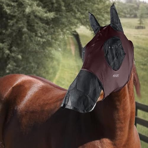 Horses, Fliegenmaske aus Lycra mit Ohren und Nasenschutz, Leichte und atmungsaktive Fliegenmaske, behindert Nicht das Sichtfeld des Pferdes, Augen- und Gehörschutz (Extra Full, Bordeaux)