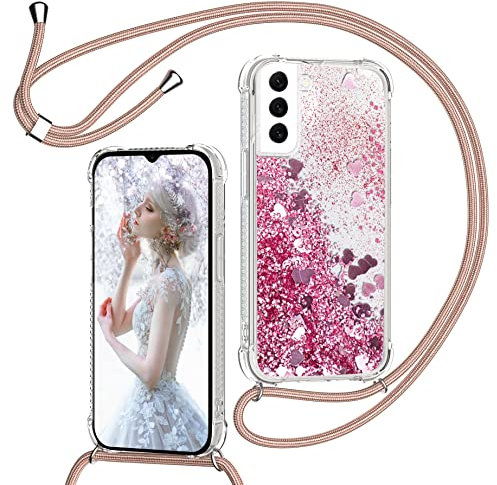 Coque pour Samsung Galaxy S23 5G avec Cordon, Paillette Liquide Étui pour Téléphone avec Lanière, Transparent Silicone Collier Réglable Protection Housse Portable Lanyard Case, Rose