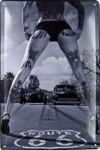 Ontrada Blechschild 20x30cm gewölbt sexy Pinup Girl Pin up Tattoo Route 66 mit Hot Rod Deko Geschenk Schild