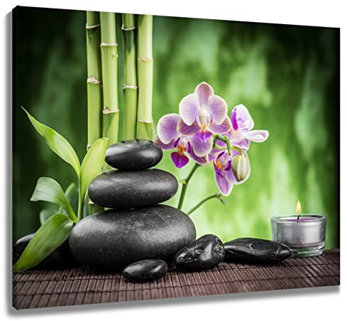 LB Wandbilder Grüner Bambus Wanddruck Lila Orchideenblume Schwarze Zen-Steine Leinwand Bilder Stillleben Poster für Wohnzimmer Schlafzimmer Badezimmer Wand Deko,40x30cm Ungerahmt