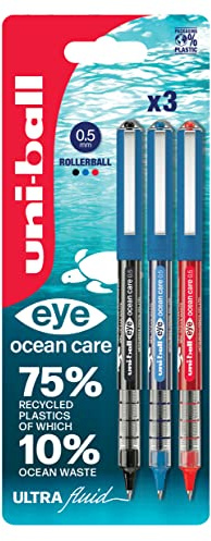 uni-ball Eye Ocean Care Rollerball Pens, 0.5 mm, Black, Blue, Red (3-Pack) | Smooth Liquid Ink Flow, Fade & Water Resistant, Comfortable Grip, Ideal for Writing & Sketching