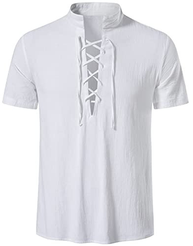 LUYANA Herren Leinenhemd Schnürhemden, einfarbige Hippie Oberteile Freizeithemden Weiß XL