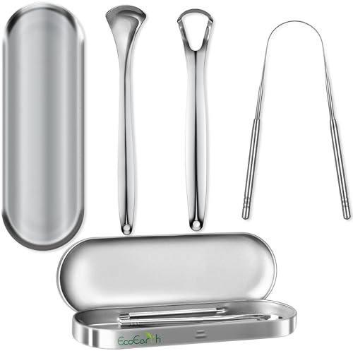 Juego de 3 raspadores de lengua para adultos, depurador de lengua de acero inoxidable con estuche de almacenamiento para higiene bucal de EcoEarth