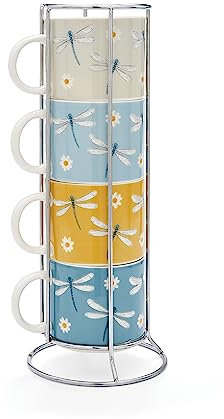 Cooksmart Set of 4 Stackable Mugs | British Designed Stacking Mugs for All Kitchens | Stacking Mugs for Modern Kitchens with Lovely Designs - English Meadow