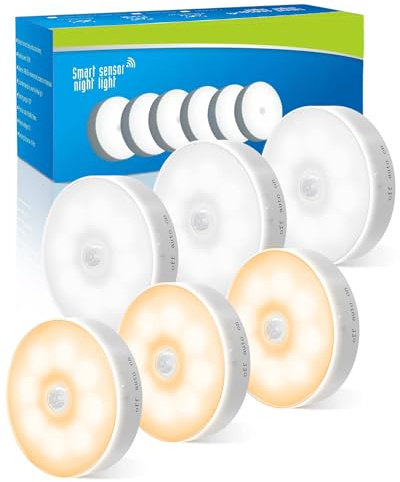 KALAHOL Motion Sensor Lights Indoor, 6 Pack Cupboard Light, Stair Lights Night Light, 3 Modes USB Charging Wall, Magnetic for Kitchen Stair Closet Under Cabinet,Warm&White