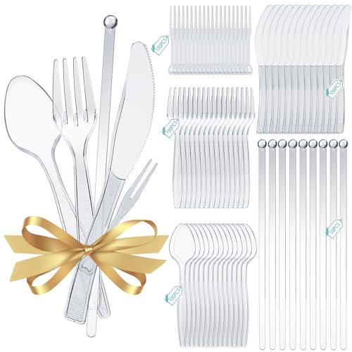 450 Pz Posate di Plastica Riutilizzabili, 100 Forchette in plastica Riutilizzabili e Coltelli Plastica, Cucchiaio in Plastica, Forchette da Torta, Asta di Agitazione, Posate in Plastica Riutilizzabili
