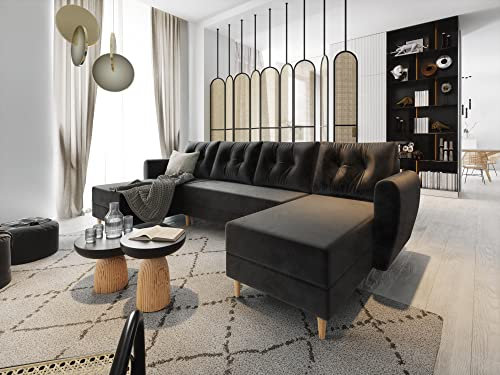 ALTDECOR Ecksofa in U-Form mit Schlaffunktion und Bettkasten Corner Sofa Bett Eckcouch Couch L-Form Schlafcouch Ausziehbar Wohnlandschaft Schlafsofa Cauchsofa - PALER-U - 303x140x94cm Schwarz