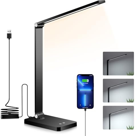 Lampada da scrivania a LED Lampade da tavolo per la cura degli occhi Lampade da studio con controllo tattile Luci da comodino USB con porta di ricarica USB, 3 modalità di luminosità e 5 modalità di