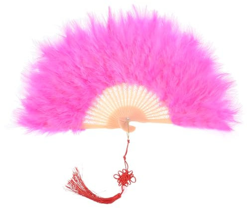 sourcing map Feather Hand Fan Dark Pink Vintage Folding Fan with Chinese Knots Feather Fan Handheld for Halloween Party Wedding Dancing Decoration