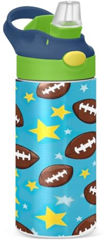 JUMBEAR Bouteille d'eau de 350 ml pour enfants, motif rugby marron, bouteille d'eau isotherme avec couvercle à paille, bouteille d'eau en acier inoxydable pour garçons et filles