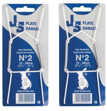 2 x White Plastic Covered Wire Plate Hangers for Wall - Suitable for 19 / 28 cm Plates