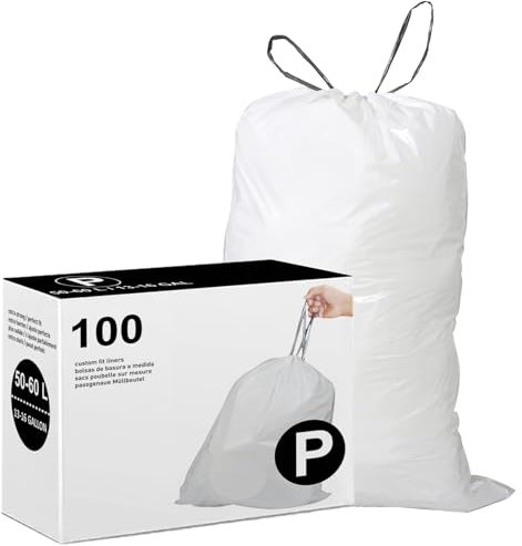 DisplayForever Code P Drawstring Trash Bags Compatible with simplehuman Code P | 13-16 Gallon 50-60 Liter | 100 Count | 1.2 Mil | Heavy Duty White Custom Fit Garbage Liners (Pack of 1)