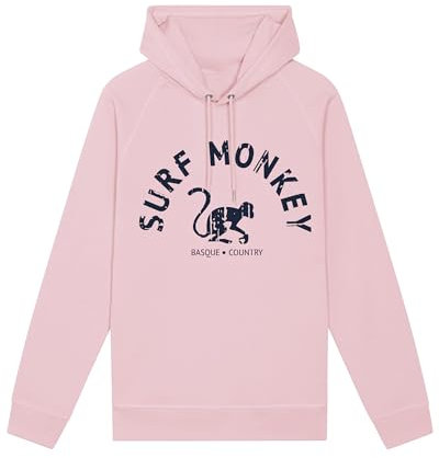 Surf Monkey Hoodie - Felpa ecologica con cappuccio da uomo/donna in cotone biologico Gots, Rosa, M