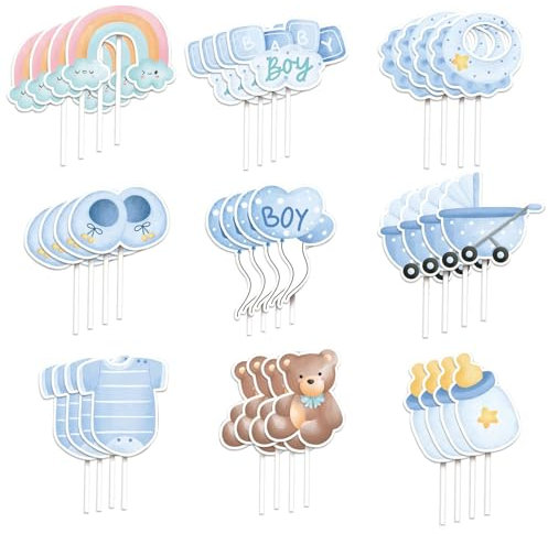 36 Stück Babyparty Tortendeko Taufe Junge, Baby Boy Cupcake Toppers, Baby Shower Tortendeko Babyparty, Gender Reveal Deko Baby Party Cupcake Deko, Muffin Deko Blau für Taufe Deko, Baby Shower