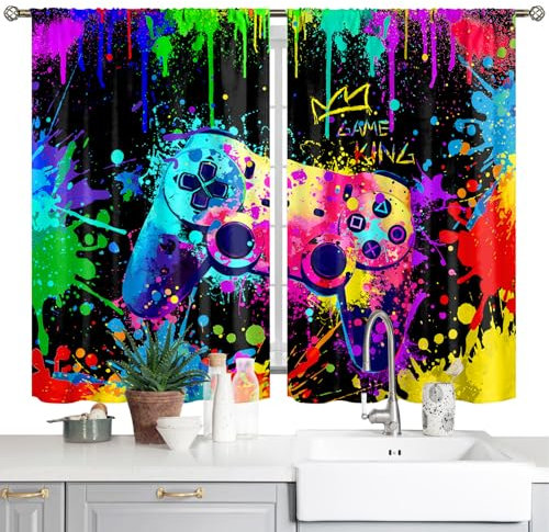Verdunkelungsvorhänge für Videospieler, Gamer-Vorhänge für Schlafzimmer, Graffiti-Gamepad für Gamer, Jungen, Kinder, Teenager, bunte Tinte, niedlicher Game-Controller, Spielzimmer, Wohnzimmer,