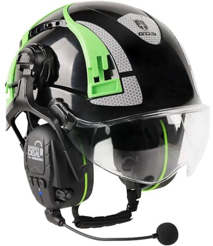 GREEN DEVIL X-Armor Schutzhelm mit Aktivem Gehörschutz und Klarem Visier Arbeitshelm ABS Sicherheitshelm EN 397 Industriehelm EN352-konforme SNR 32dB mit Bluetooth(Schwarz)