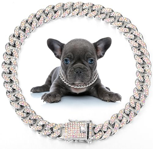 LEIFIDE Hundehalsband, Diamant-Glieder-Hundehalsband, 12 mm breit, Metall-Katzenkette, Haustier-Kristallhalsband, Schmuckzubehör für kleine, mittelgroße und große Hunde, Katzen (Silber, AB-Farbe, 20,3