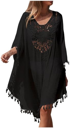 Women's Swim Cover-Ups Baggy Beach Cover Up Long Sleeves Hollow Out V Neck Crochet Dress Tassel Bikini Cover Up Sarong Bathing Suit Loose Lightweight Kaftan Plus Size Bohemian Dress Swimsuit