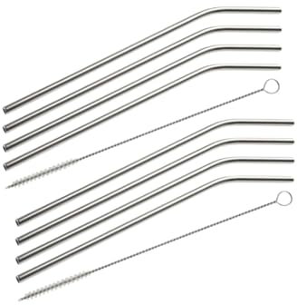 Fackelmann 9911250 Lot de 8 pailles incurvées en inox avec goupillons, pailles en inox incurvées, pailles réutilisables, pailles et goupillon de nettoyage, Acier inoxydable, Nylon, Argenté, 24 cm