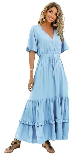 R.Vivimos Women's Summer Boho V Neck Button Up Short Sleeve Bohemian Print Ruffle Hem Beach Style Long Maxi Dress Vacation Dress(Small,SkyBlue)