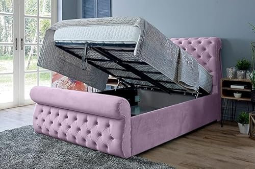Furnishion Double Sleigh Bed with Storage - Steel - Dark Grey Plush Velvet Ottoman Style- Mattress not Included - Upholstered Sleigh Beds (Pink plush, Double 4ft6 Storage Bed + Mattress)