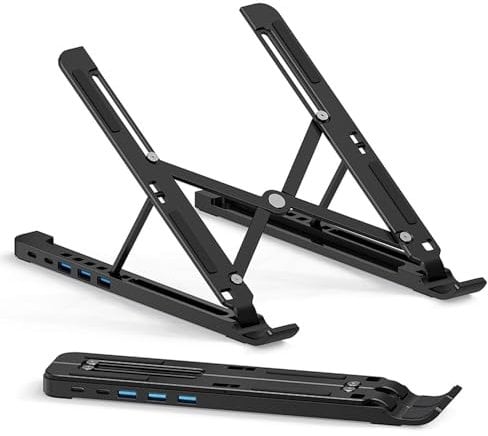 H.May Laptop Stand with Docking Station,4-in-1 Laptop,Notebook Stand with 3xUSB 3.0(5Gbps) and 2 USB-C,Type-c High Speed Transmission,6 Levels Adjustable for 10-17 inch Tablets,Laptops